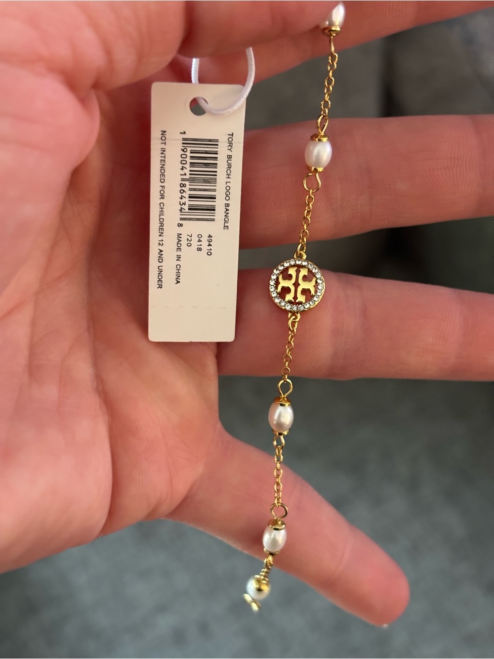 Tory Burch Gold Logo Pearl Station Bracelet with Crystal Accents - Picture 5 of 5